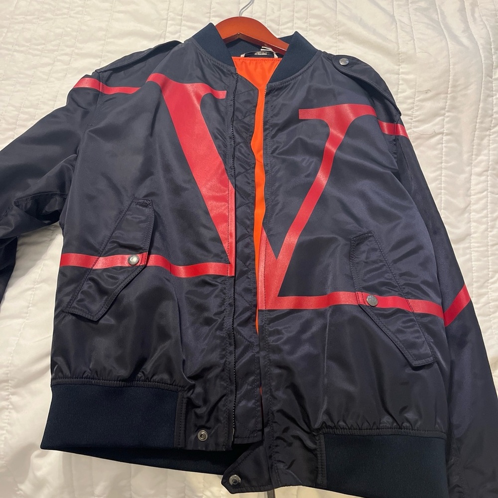 Valentino Navy and Red Bomber Jacket with Dynamic V Design